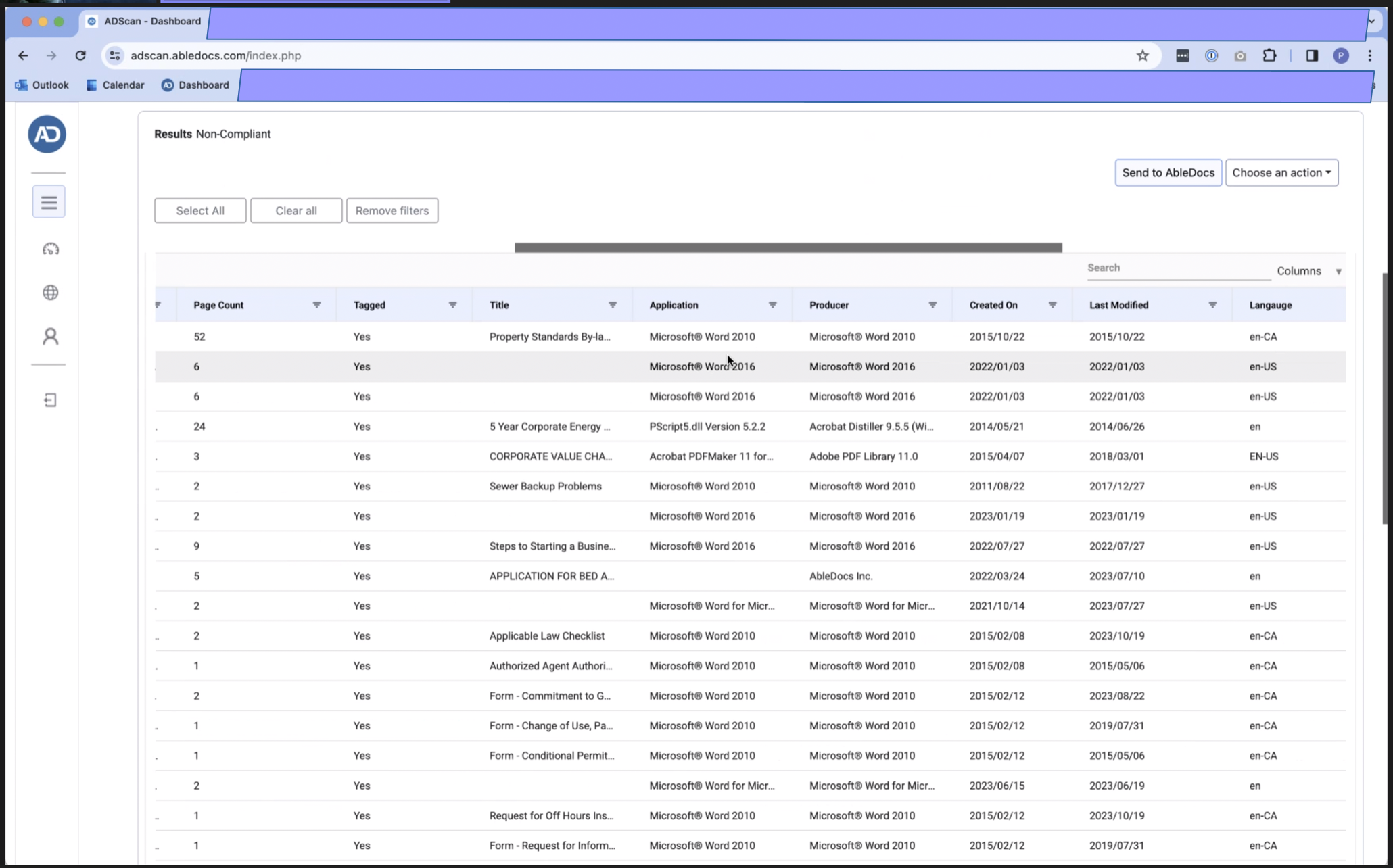 AbleDocs, Digital Accessibility Services, Validate, ADScan Dashboard, Results from Scanning for Digital Accessibility / Mapping of Document Resources, List of Non-PDF/UA Compliant PDF Files - Picture