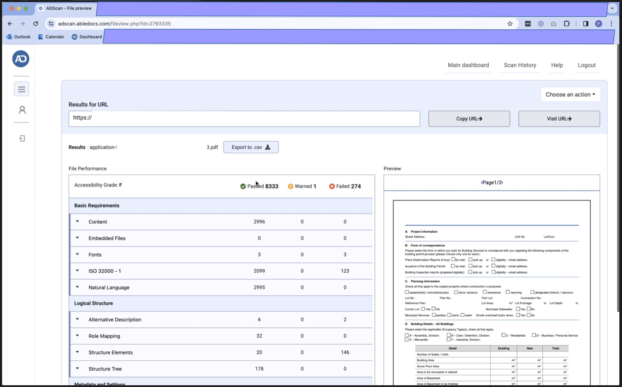AbleDocs, Digital Accessibility Services, Validate, ADScan Dashboard, Results from Scanning for Digital Accessibility / Mapping of Document Resources, File Performance, Details of Non-PDF/UA Compliant PDF File, Basic Requirements & Logical Structure - Picture