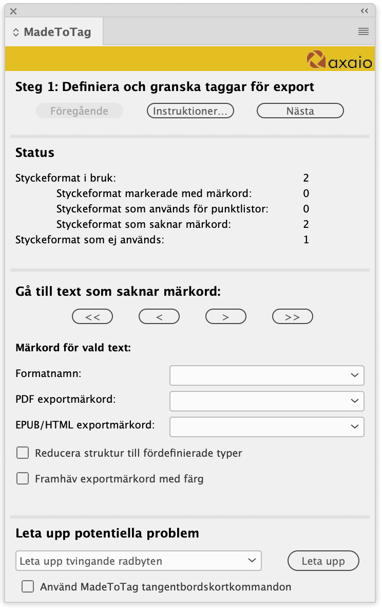 axaio software MadeToTag kontrollpanel - Bild