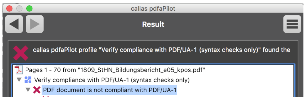 callas pdfaPilot - Validation of PDF/UA - Not OK - Picture