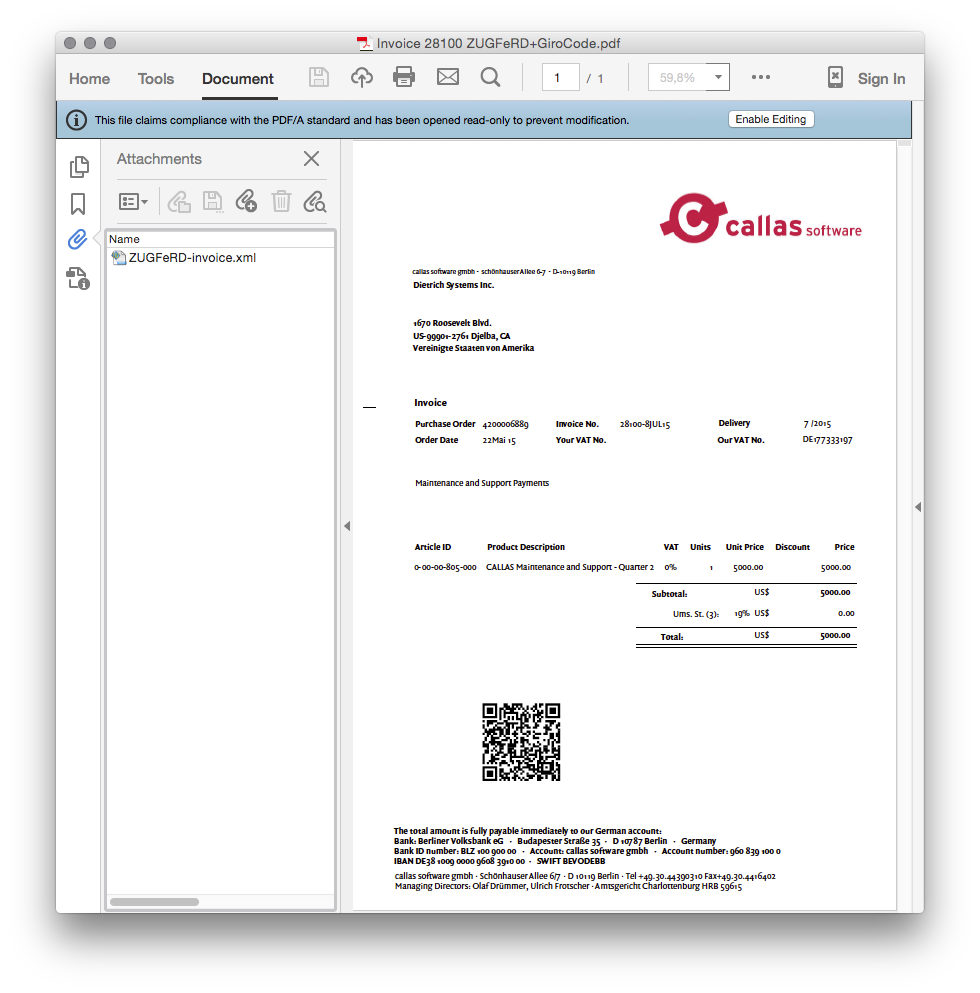 callas software pdfaPilot - ZUGFeRD Invoice - PDF, XML, QR GiroCode - Picture