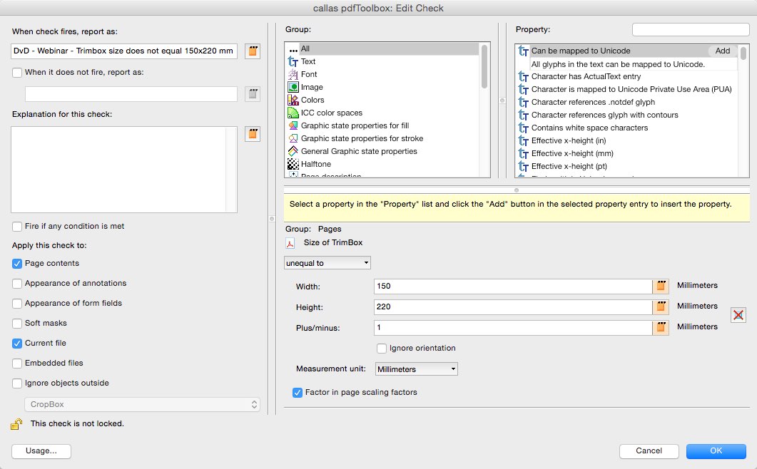 callas pdfToolbox Preflight Static Check Height and Width of the Trimbox - Picture