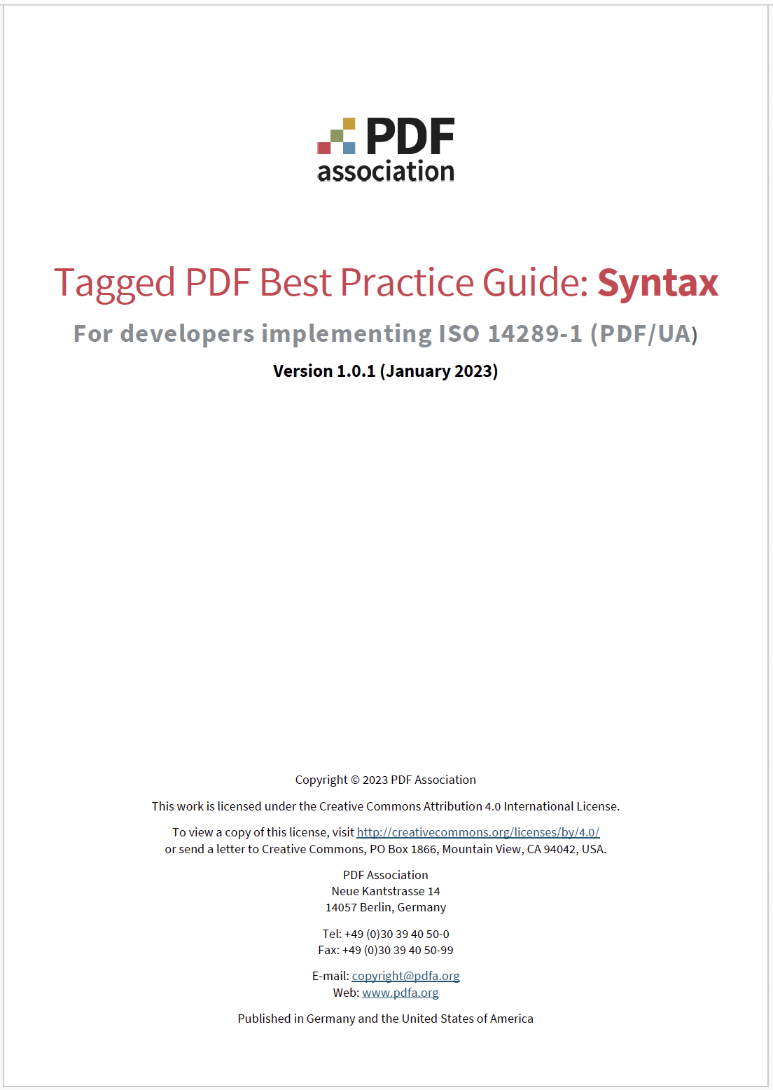 PDF Association - Tagged PDF Best Practices Guide V1.0.1, Front Cover - Picture
