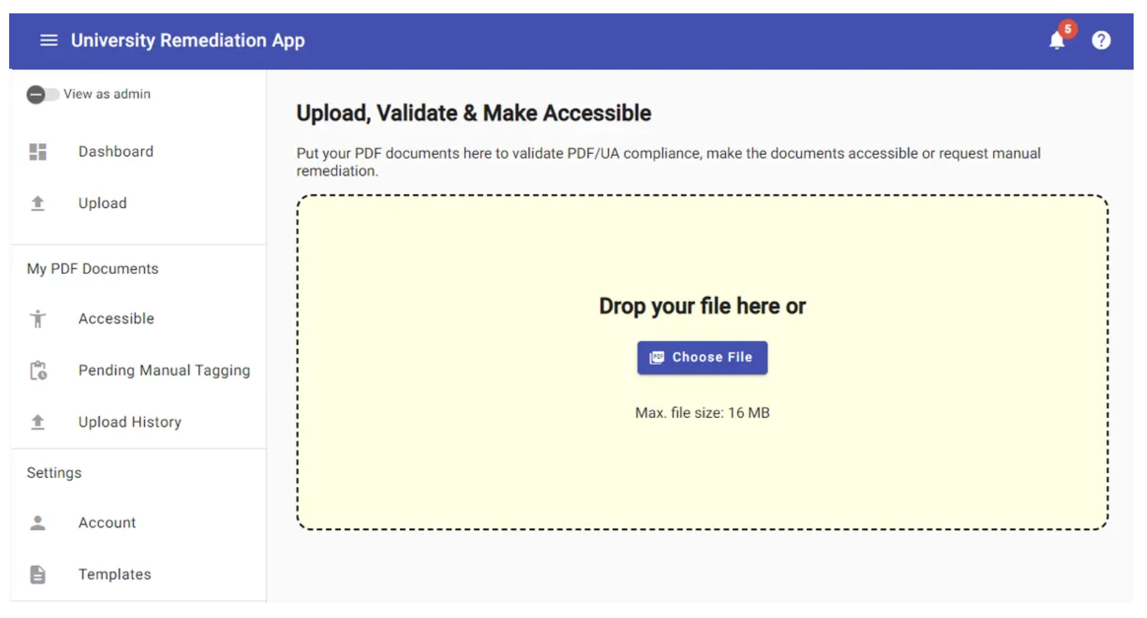 Workflow Online Demo App, University Remediation App Dashboard: PDF/UA Validation Output With Dummy Results - Picture