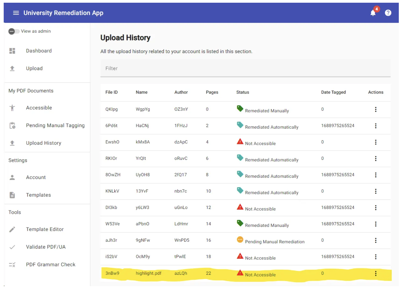 Workflow Online Demo App, University Remediation App Dashboard: The Following PDF/UA Validation Did Not Pass - Picture