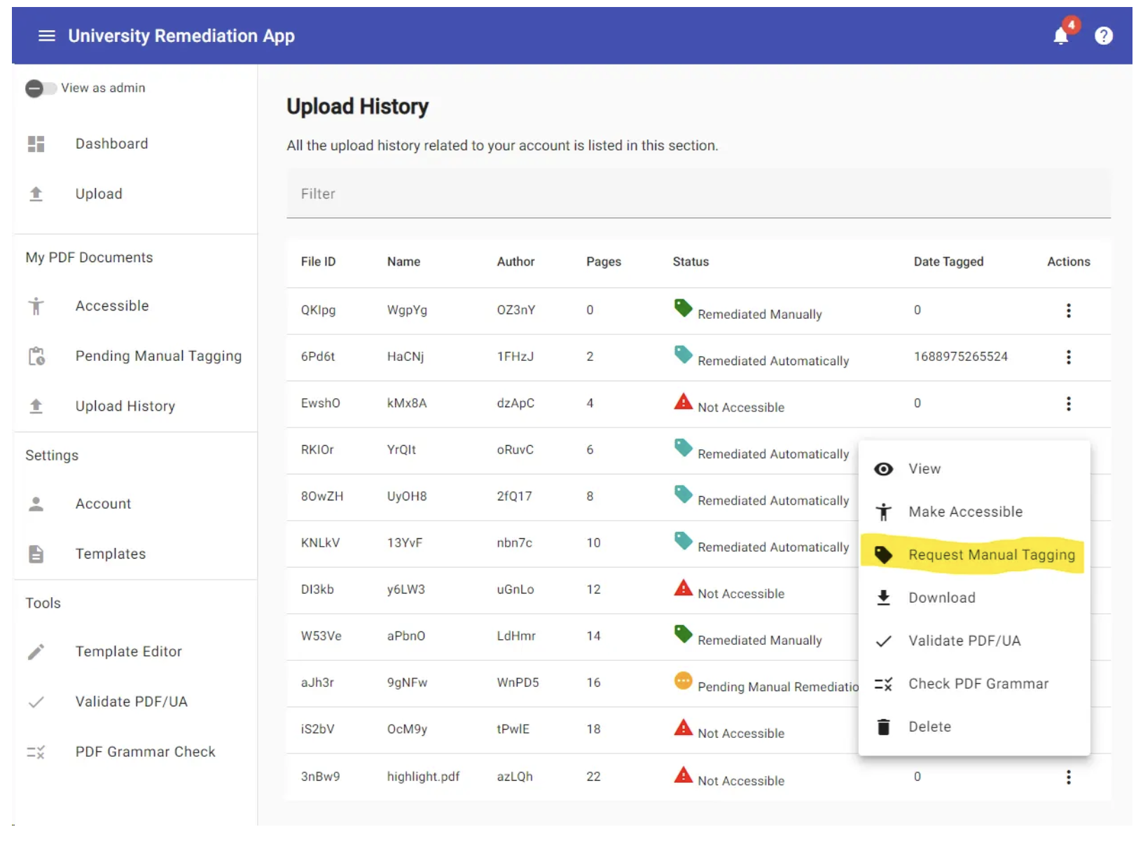 Workflow Online Demo App, University Remediation App Dashboard: Manual Tagging Request - Picture