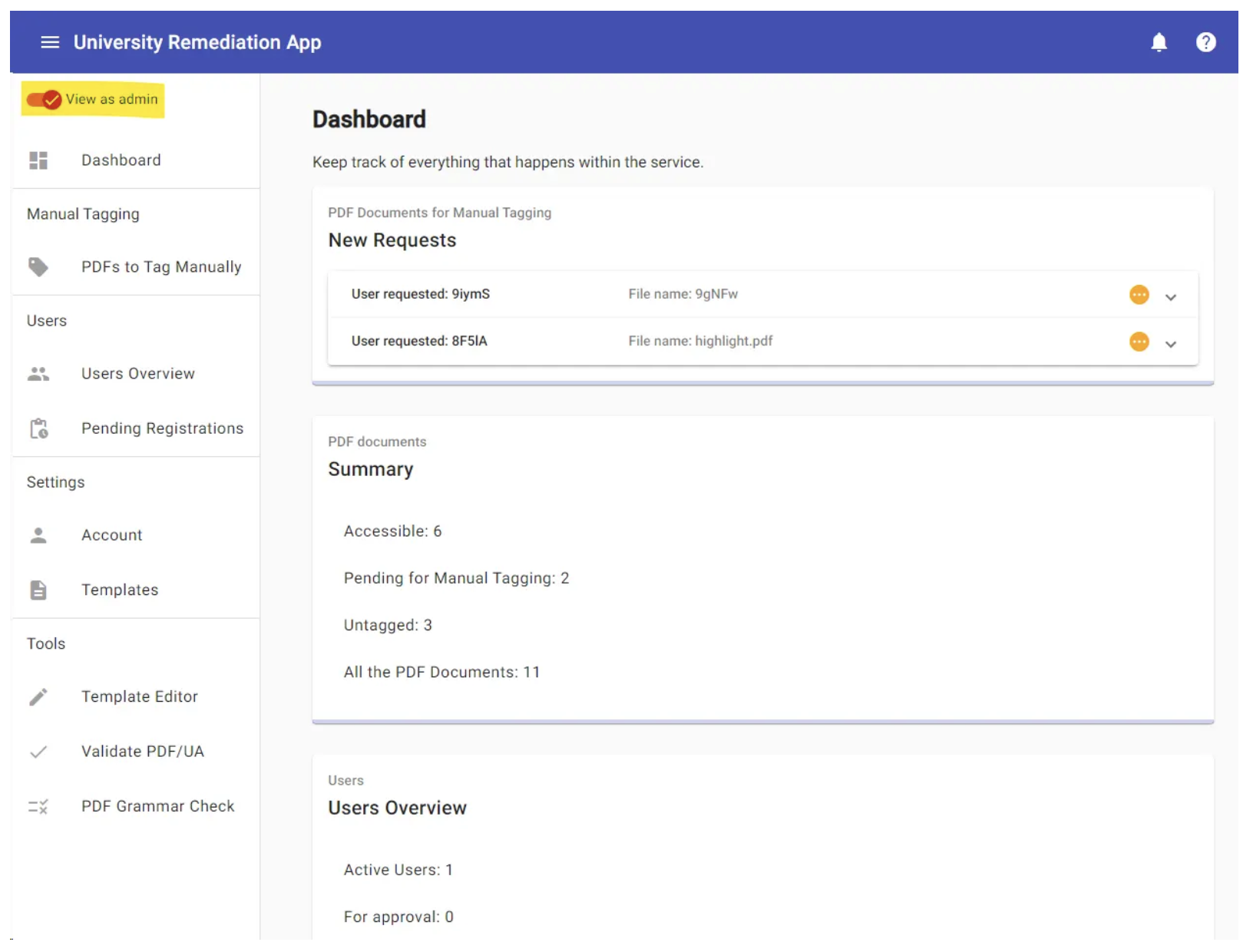 Workflow Online Demo App, University Remediation App Admin´s Dashboard - Picture
