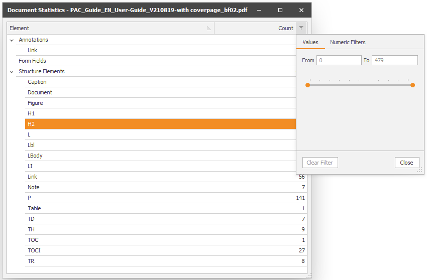 PDF Accessibility Checker (PAC) - Dashboard - Document Statistics - Action: Numeric Filterin - Picture