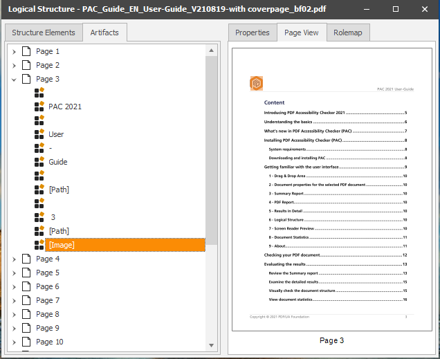 PDF Accessibility Checker (PAC) - Dashboard - Logical Structure - Decorative Elements - Artifacts - Page View - Picture