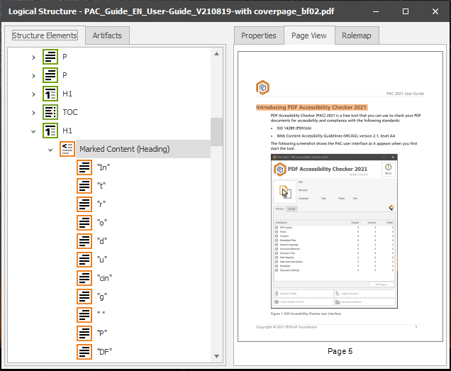 PDF Accessibility Checker (PAC) - Dashboard - Logical Structure - Structure Elements - Tag Tree - Page View - Picture