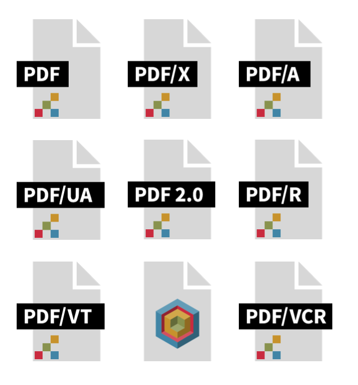PDF Association, Icon/Overview of PDF- standards: PDF, PDF/X, PDF/A, PDF/UA, PDF 2.0, PDF/R, PDF/VT, 3D PDF, PDF/VCR - Picture