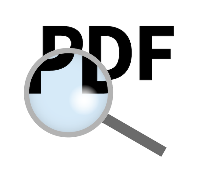 PDF Association, PDF Errata Update, PDF under a magnifying glass - Icon