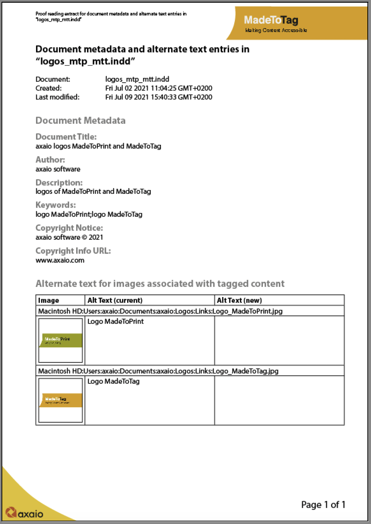 axaio software MadeToTag, Task 4. Proof Reading Report on Metadata and Alternate - Picture