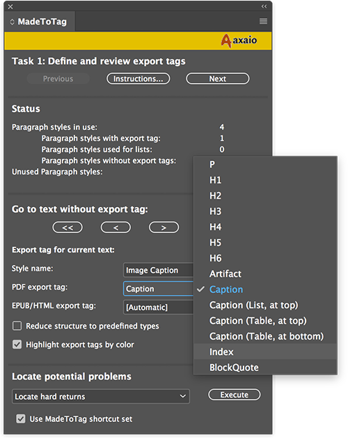 axaio MadeToTag Option: PDF Export Tag Selection, Paragraph, Header, Artifact, Caption, BlockQuote & Index - Picture
