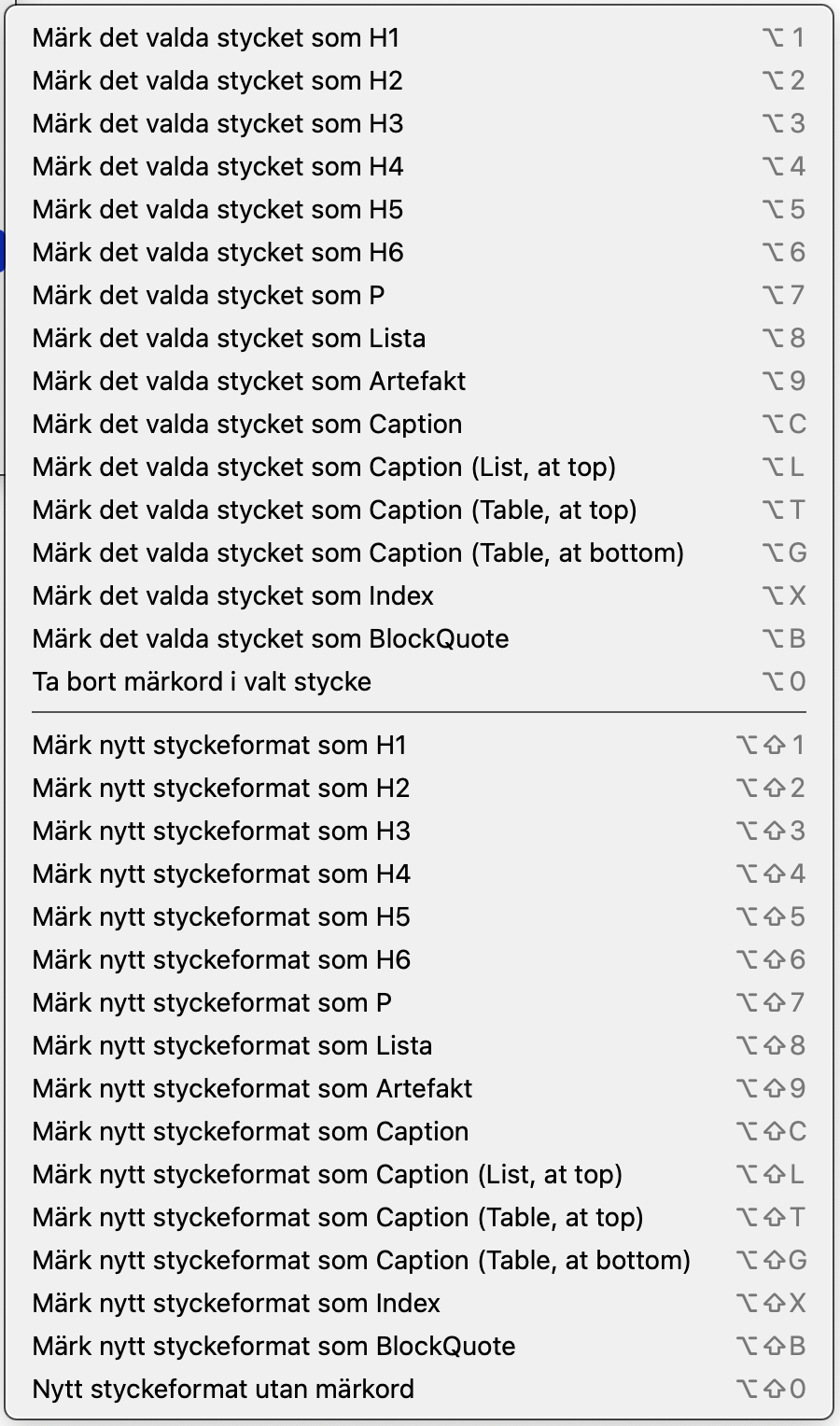 axaio software MadeToTag Control Center, Utfällbar meny över tillgängliga tangentbordskortkommandon - Bild