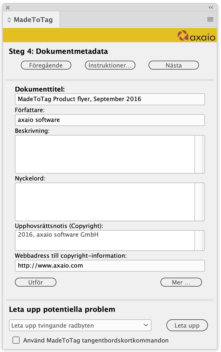 axaio software MadeToTag kontrollpanel, Steg 4. Granska och redigera med avseende på metadata - Bild