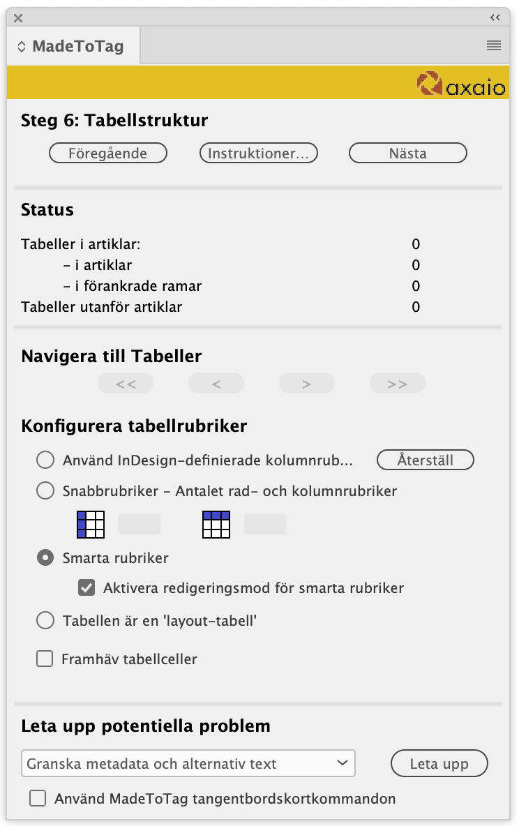 axaio software MadeToTag kontrollpanel, Steg 6. Ange taggar för tabellstrukturer - Bild