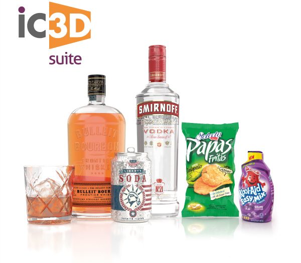 Creative Edge Software - iC3D Suite - 3D-objekt: Glas, Bulleit Bourbon flaska, Soda Can, Smirnoff Vodka flaska,  Papas Fritas Chipspåse, Kool-Aid Easy Mix plastflaska - Bild