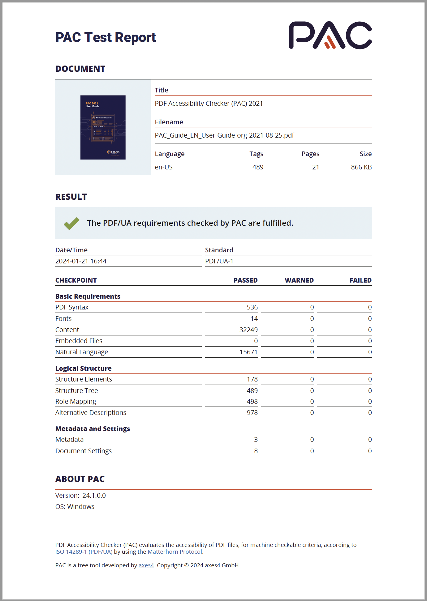Figure 20: PDF Accessibility Org, PDF Accessibility Checker PAC2024 kontroll, Dashboard, Exported PDF/UA Test Report, Accessible PDF File - Picture