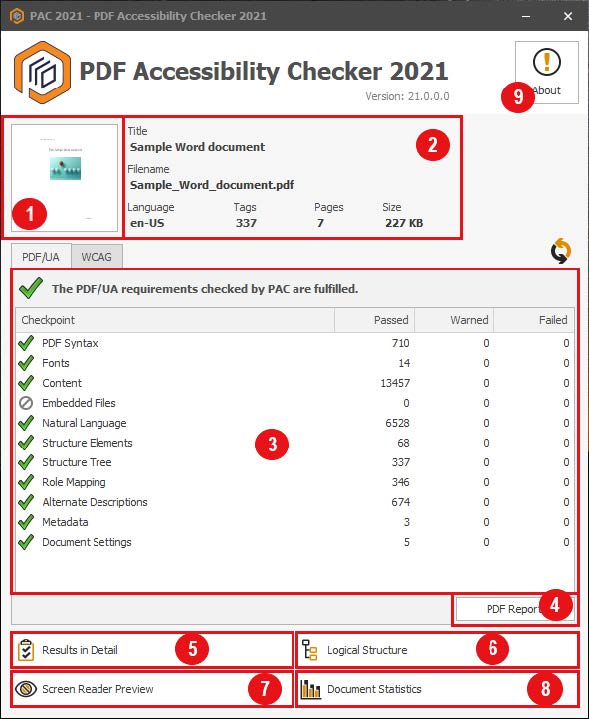 PDF/UA Foundation - PDF Accessibility Checker (PAC) - Dashboard - User Interface Overview - Picture