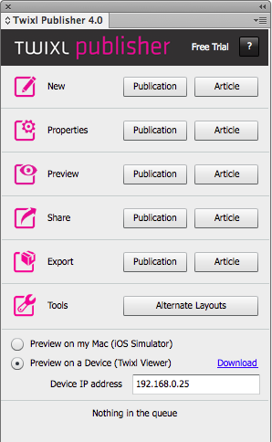 Twixl Publisher Plugin for Adobe Indesign Dashboard - Picture