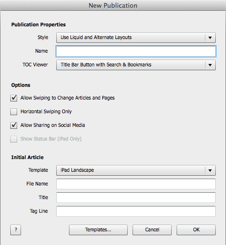 Twixl Publisher Plugin Adobe InDesign - New Publication Screen - Picture